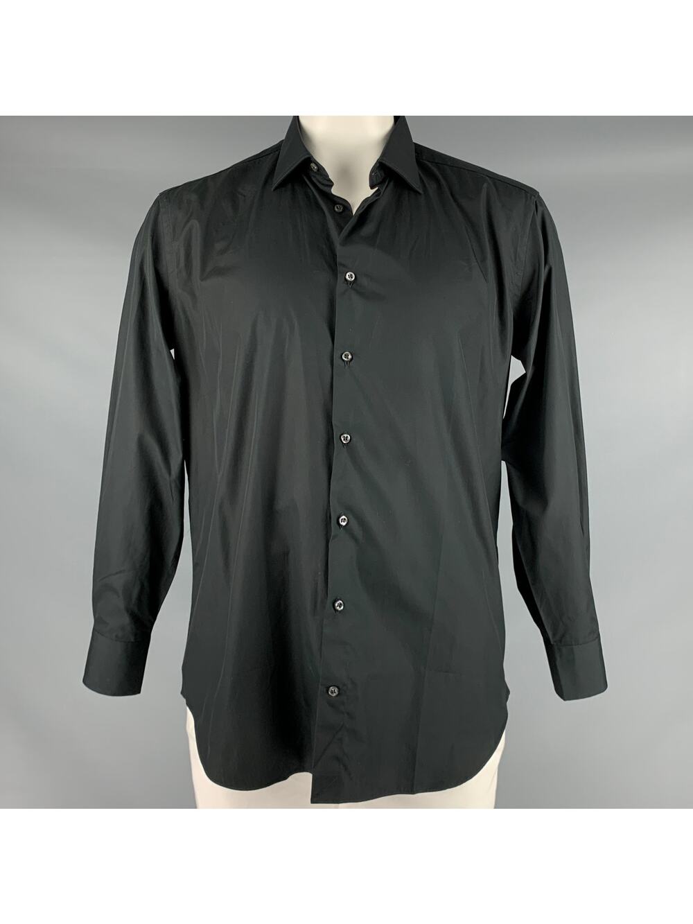 BARNEY'S NEW YORK Size L Trim Fit Black Cotton Button Up Long Sleeve Shirt